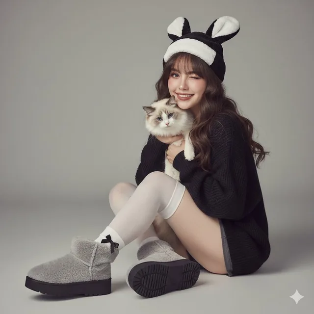 A girl with medium-long wavy dark brown hair wearing a black and white plush bunny ear hat, sitting on a light gray floor in a minimalist studio, winking and smiling while holding a relaxed Ragdoll cat, with soft lighting and a warm, dreamy atmosphere.