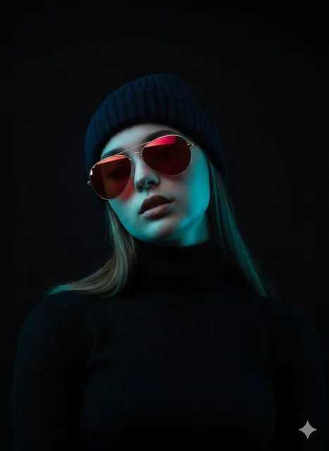 Hyper-realistic, low-angle portrait of a young woman looking up, wearing a dark beanie and black turtleneck, with bright red reflective sunglasses, dramatically lit by blue and cya