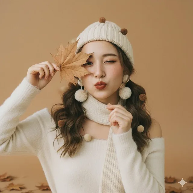 A cute young Asian woman with fair skin playfully interacting with dried giant maple leaves, wearing a beige wool hat with brown pom-poms, a scarf, and fluffy top, in warm autumn makeup with freckles and a natural blush, set against a light brown background with scattered leaves, in a soft, film-lik