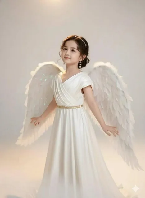 An 8K hyper-realistic editorial fashion studio photo of a 7-year-old girl styled as an angelic muse, wearing a flowing off-white silk dress with sculptural draped shoulders and a gold-thread belt, large artificial feathered wings with iridescent sheen, a delicate pearl headband, and crystal drop ear