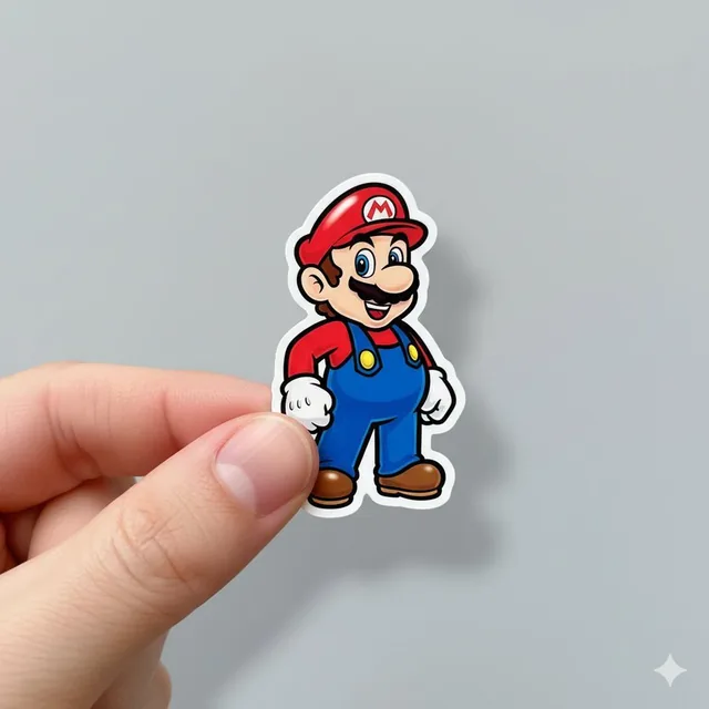 A hyperrealistic photo of a collectible sticker featuring Mario in classic pose, held between human fingers with glossy finish and white die-cut outline, set against a neutral background with soft lighting and shallow depth of field.