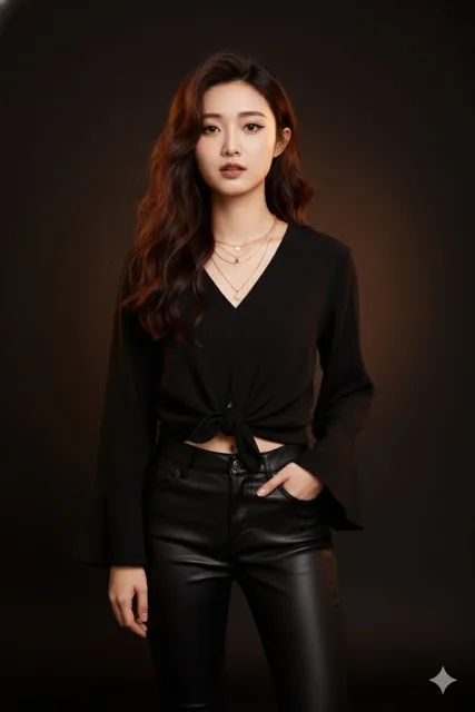 A confident and stylish female figure standing in a dark minimalist studio, wearing a black V-neck blouse and slim faux leather trousers, with dramatic cat-eye makeup and long wavy brown hair, illuminated by soft low-key lighting and a warm halo effect.