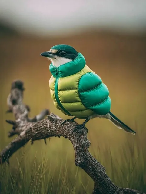 A bird wearing an inflatable down jacket perched on a dry tree branch with a blurred green grassland background, captured in realistic photography style with natural lighting.