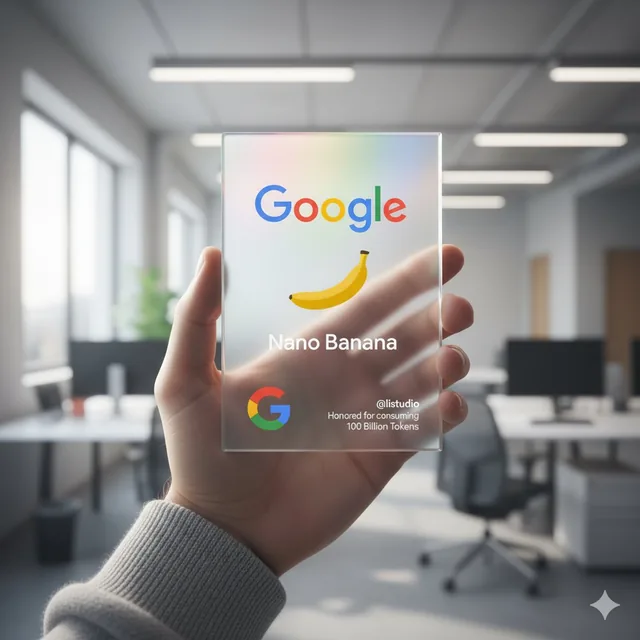 A first-person close-up shot of a hand holding a frosted glass Google award with a central banana logo, set in a blurred modern office environment with soft natural lighting and Google's colorful branding.