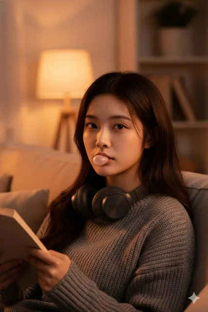 A photorealistic close-up portrait of a young woman sitting on a cozy sofa at night, wearing a grey sweater and headphones while chewing bubble gum and holding a book, illuminated by warm orange and amber lamp light with soft golden glow and natural shadows.