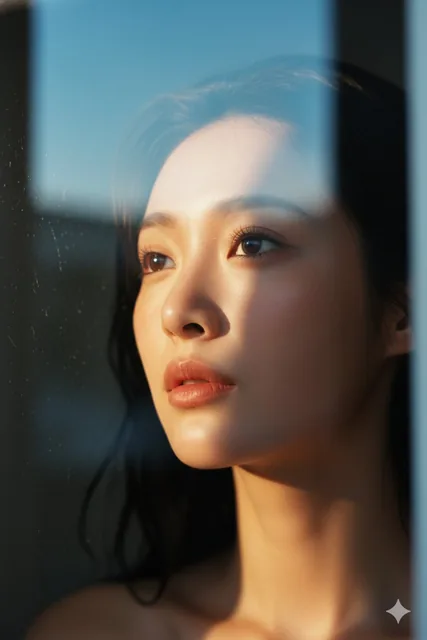 An extreme close-up of a person's face with freckles and detailed skin texture, looking through reflective glass with blue sky reflections, captured in high-contrast lighting with warm golden hour tones and sharp shadows.