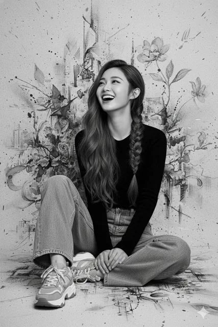 An artistic black and white portrait of a woman sitting elegantly on the floor, wearing a modern black top and loose gray jeans with thick gray and white sneakers, her long milk-brown wavy hair braided halfway, laughing while looking upward.