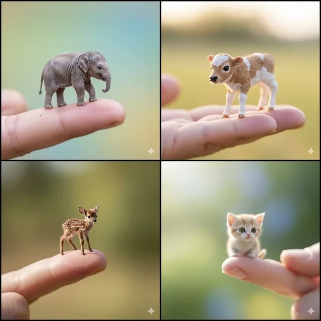 A series of microscopic baby animals including an elephant, bovine, deer, and cat, each balanced on a person's fingertip with ultra-detailed macro photography, soft blurred backgrounds, and gentle natural lighting highlighting textures and adorable size contrasts.
