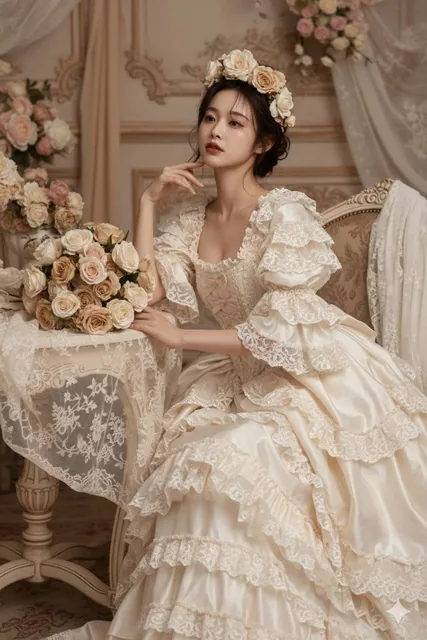A young slim woman with black hair and a floral headpiece seated gracefully in an ornate indoor setting with ivory fabrics, lavish floral arrangements, and warm desaturated tones, captured with an 85mm lens for a painterly editorial finish.
