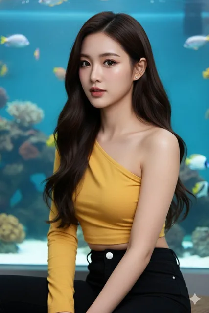 A young East Asian female K-Pop idol in a yellow one-shoulder crop top and black pants, posing in an indoor aquarium with soft blue lighting, large almond-shaped eyes, and a playful smile, captured with 85mm lens and creamy bokeh background.