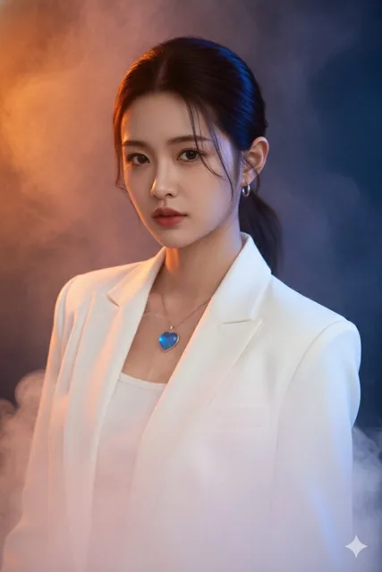 A high-resolution portrait of an attractive young woman in a chic white blazer and top, with a serious expression, dark hair in a low ponytail, wearing a blue heart-shaped pendant and hoop earrings, set against a dramatic smoky background with orange and blue lighting.