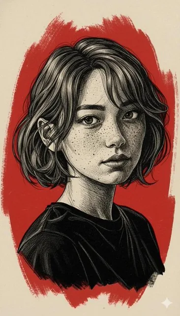 A stylized illustration of a young woman with a direct gaze, dark hair in a messy bun, freckled fair skin, wearing a dark t-shirt against a bold red minimalist background, evoking a raw and melancholic mood.