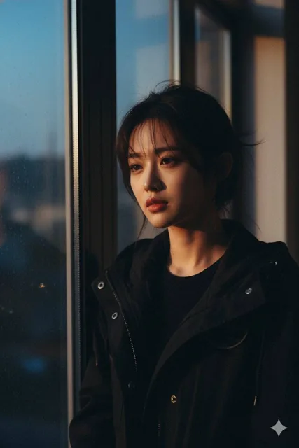 A cinematic portrait of a young woman with styled hair standing near a window, wearing a dark top and a modern black military-style jacket with an unused hood, illuminated by soft diffused window light that outlines her face and casts subtle shadows, with a background of deep blue and amber hues, vi
