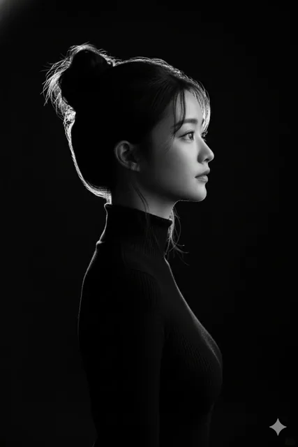 A high-contrast black-and-white side-profile portrait emerging from darkness, with a sharp rim light defining the contours of the head and neck against a void background, evoking a minimalist and introspective mood.