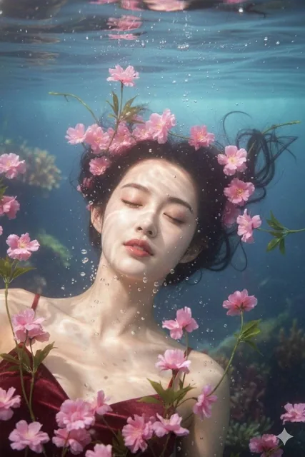 A serene figure floats in an ethereal underwater realm with closed eyes, adorned with delicate pink blossoms forming a floral crown. Soft water ripples, light reflections, and bubbles highlight her glossy lips and dewy skin, surrounded by swaying pink flowers in a dreamlike halo against a muted grad
