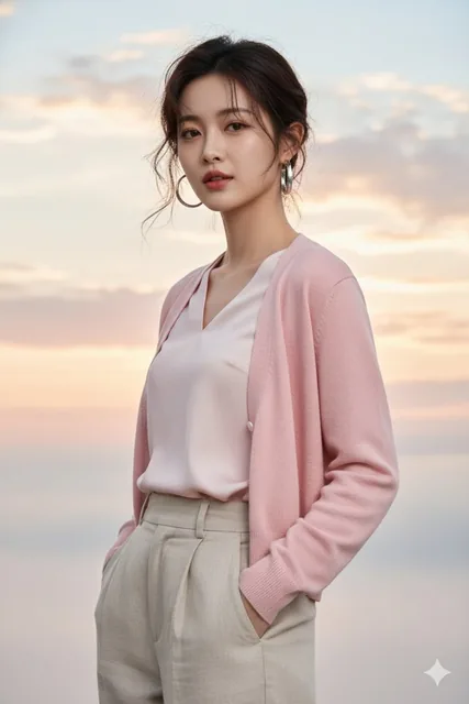 Ultra-realistic editorial portrait of a confident woman with dark brown wavy hair, wearing silver hoop earrings and a pastel outfit including a pink silk blouse and beige trousers, standing in a serene morning scene with soft sunrise lighting.