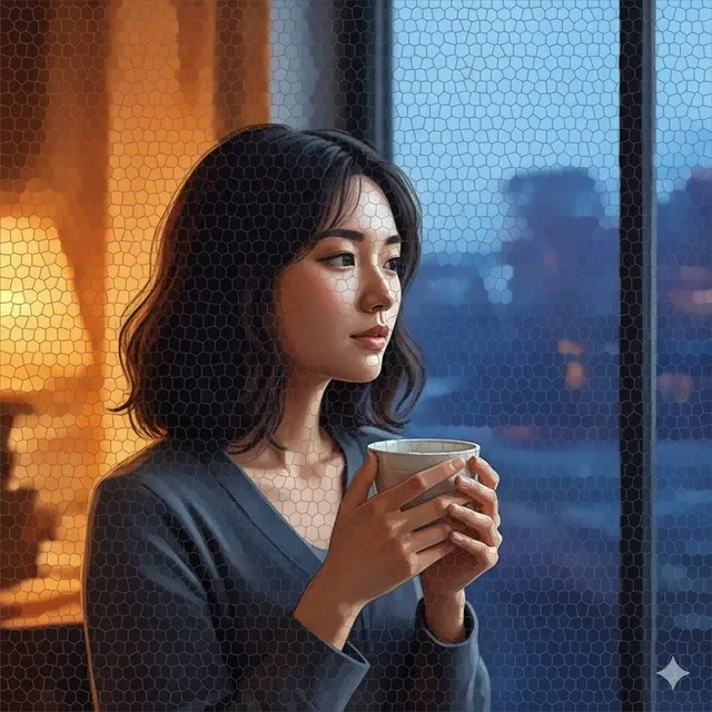 A young woman with shoulder-length dark hair gazes thoughtfully out a window at twilight, holding a cup of tea, with a mosaic effect softening indoor lighting in warm orange and cool blue tones, blending classic artistry with modern digital design for a mood of calm contemplation.