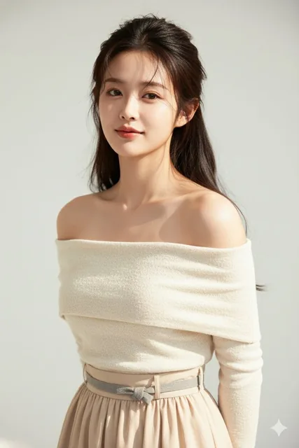 A professional fashion portrait of an Asian beauty with long hair, fair skin, big eyes, and double eyelids, wearing an off-shoulder top, beige skirt, and gray belt, set against a solid color background in a light and luxurious style with full sunshine.