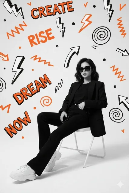Ultra-realistic black and white studio portrait of a person sitting on a folding chair, wearing a black blazer, t-shirt, flared jeans, and chunky sneakers, with relaxed pose and sunglasses, surrounded by black, white, and orange doodle graffiti including lightning, zigzag lines, swirls, arrows, and