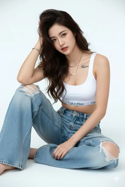 A female model seated on a white studio floor wearing a white Calvin Klein athletic crop top, distressed light-wash jeans with rips, and a tattoo of 'Maham' in Arabic script on her shoulder, with long dark-brown hair and an intense gaze at the camera.