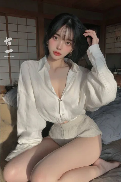 A young Japanese woman in an oversized white boyfriend shirt and mid-thigh linen shorts sits on a low bed in a sunlit Japanese bedroom with shoji screens, legs tucked to one side, brushing hair behind her ear with airy bangs and dewy natural makeup with soft pink tint, captured with warm morning win