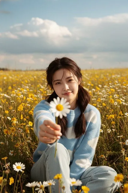A cinematic wide-angle portrait of a woman sitting in a wildflower field, leaning forward to hold a daisy with soft blur, wearing a sky-blue sweater with cloud patterns and light-wash jeans, surrounded by yellow wildflowers under a partly cloudy sky with natural lighting and vintage tones.