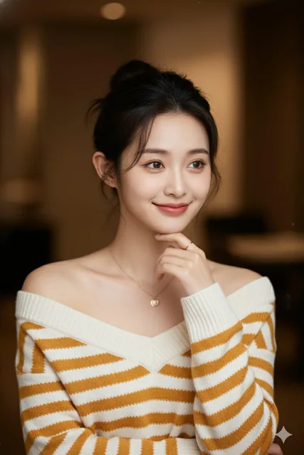 A portrait of a young woman with a warm smile, head tilted, left hand touching chin, dark hair in half-updo, natural makeup, off-shoulder striped sweater, gold necklace and ring, soft blurred warm background.