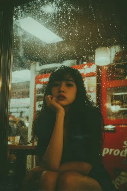 A photograph of an Asian woman sitting at a window in a diner during a rainy night, wearing a black mini dress with cut-outs on the chest and sleeves, and styled with bangs hairstyle.