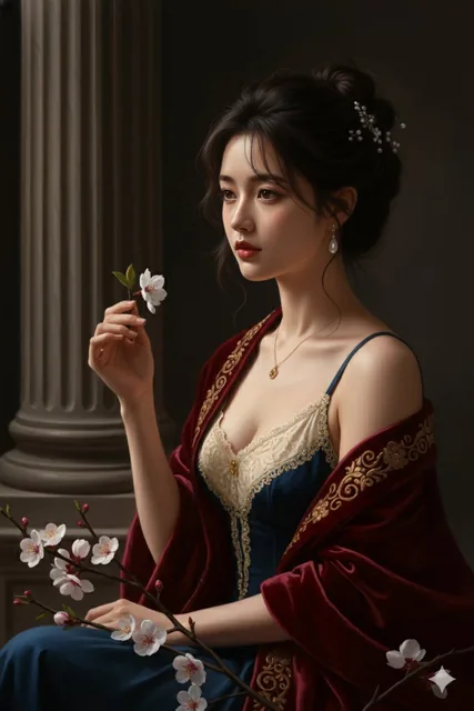 A painterly portrait of a young woman in a classical interior, holding a delicate flower with dramatic chiaroscuro lighting, styled after 19th-century Academic art with rich textures and warm colors.