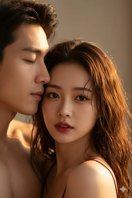A close-up portrait of a couple in warm golden-hour light, with the woman's wet hair and soft skin textures highlighted. She gazes confidently with bold red lips, while the man leans in with closed eyes, creating emotional tension. Sunlight outlines their faces against a softly blurred background.