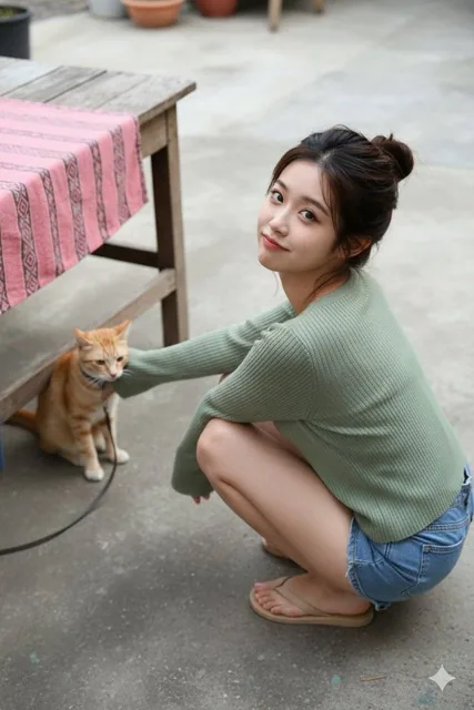 A hyper-realistic candid photo of a young Asian woman squatting on a concrete patio, looking back over her shoulder with a shy, suppressed smile and wide, dark eyes with aegyo-sal, wearing a sage-green knit top and denim shorts, interacting with an orange tabby cat on a leash near a wooden table wit