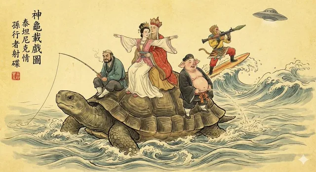 A traditional Chinese Gongbi-style ink painting showing a giant turtle swimming in a turbulent river, with characters from Journey to the West reenacting Titanic scenes, fishing, and surfing with modern elements, all under a UFO, accompanied by calligraphy and a red seal.
