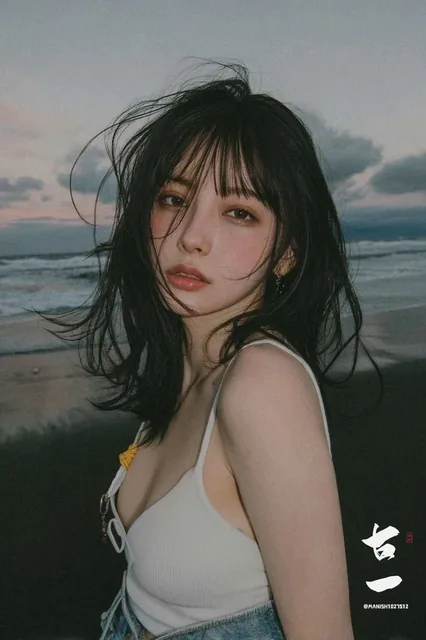 A young woman with messy dark hair stands on a beach at dusk, wearing a white spaghetti-strap top and denim bottoms, with a melancholic expression, natural lighting, and a cinematic film-style filter featuring low-saturation cool tones, soft contrast, and a hazy atmosphere.