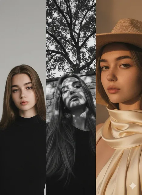 A high-fashion 3x1 vertical grid collage triptych featuring the same female model in three distinct editorial styles: left panel with clean studio portrait, center with artistic black and white outdoor shot, and right with macro close-up in warm golden hour lighting, all in photorealistic 8k resolut