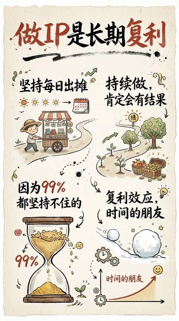 A hand-drawn infographic card with a vertical 9:16 ratio, featuring a beige paper-textured background, bold red and black cursive Chinese calligraphy titles, and simple illustrations that convey the theme of long-term compound interest in IP creation.