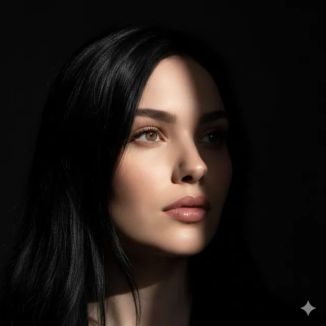 A photorealistic close-up portrait of a woman with long jet-black wind-swept hair, light-colored eyes gazing upwards and right, illuminated by a sharp diagonal beam of natural light highlighting her cheekbone, nose, and glossy mauve lips, with deep shadows in the background.