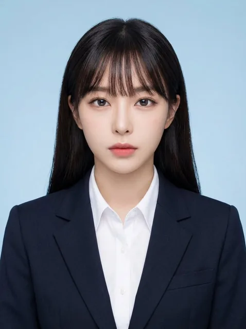A realistic high-resolution ID-style photograph of a person in a professional job-hunting suit with a white shirt and dark jacket, set against a clean plain light blue or white background, featuring centered composition and neutral expression.