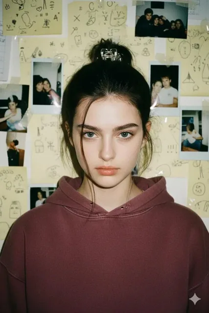 A woman with the same face stares directly at the camera under harsh flash lighting, wearing a faded maroon hoodie with hair pulled back by a cheap plastic clip and wild strands catching the glare, set against a background of torn notebook pages, doodles, and crooked polaroids, featuring heavy grain