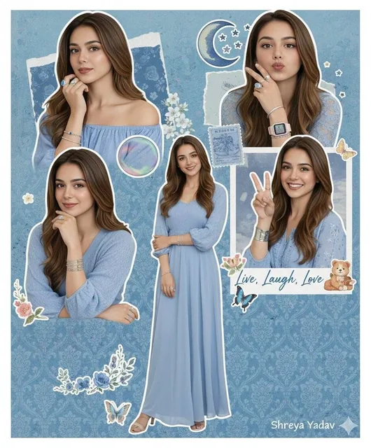 A multi-pose collage of a young woman named Shreya Yadav displaying sweet and elegant expressions in various poses, set against a blue-toned scrapbook background with sticker elements and accessories like baby blue nail polish and silver rings.