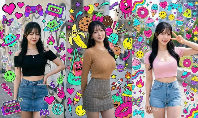 A photorealistic person standing in the center, surrounded by a dense layer of colorful cartoon sweets monsters and graphic decorations with thick black outlines, neon colors, and playful expressions, creating a chaotic pop-art scene.