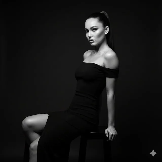 An intense black-and-white studio portrait featuring a confident model with 100% face match, wearing an off-shoulder bodycon dress and high ponytail, illuminated by a hard spotlight from above creating dramatic cheekbone shadows in a minimalist style with deep matte blacks and crisp whites.