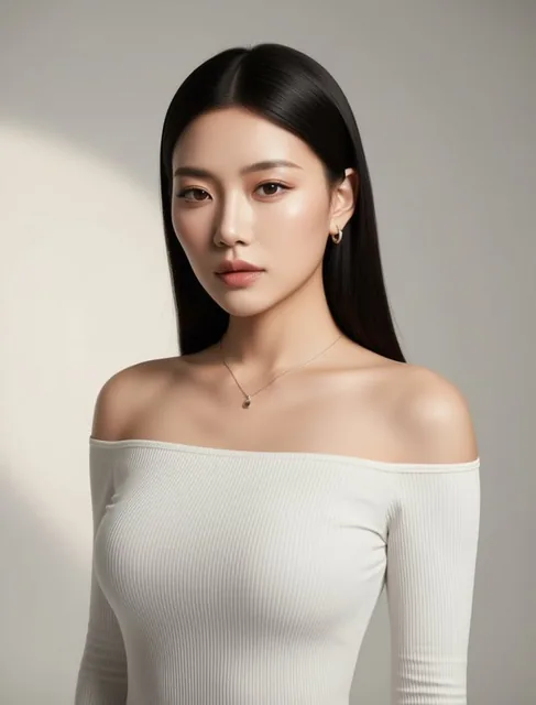 An ultra-realistic studio portrait of a woman in a bold off-shoulder ribbed top, with a confident pose, soft directional beauty lighting from the left, and a clean high-fashion aesthetic in neutral whites and gentle highlights.