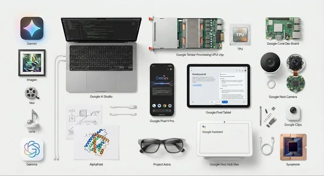 A minimalist knolling arrangement of various Google AI tools, neatly organized on a flat surface with precise alignment and clean composition.