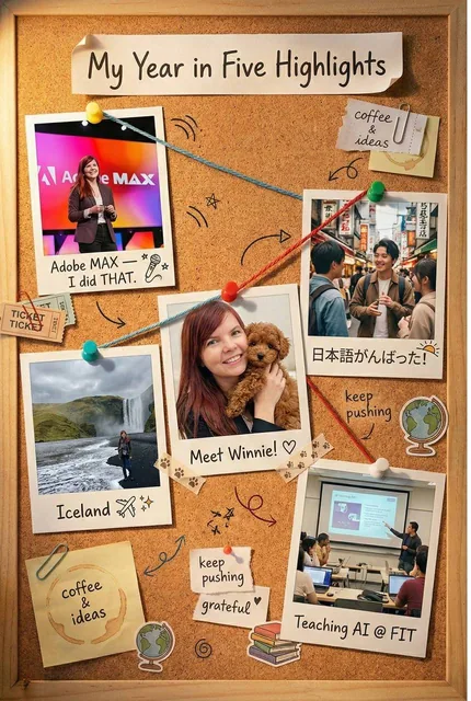 A cozy nostalgic cork board with five Polaroid photos arranged in a loose chronological flow, featuring warm lighting, soft shadows, film grain, and desk elements like strings, doodles, sticky notes, and coffee rings for a realistic texture.
