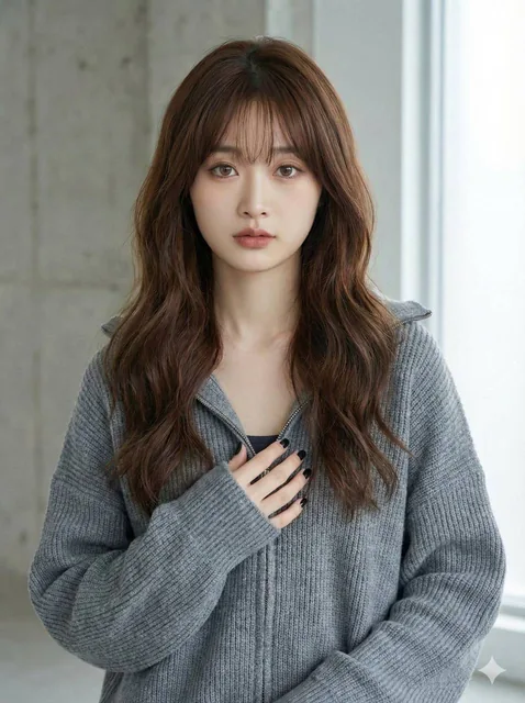 A young woman with long wavy brown hair and a subtle fringe stands confidently in a modern studio, wearing an oversized grey knitted zip-up cardigan with black painted fingernails and light brown eyes looking directly at the viewer.