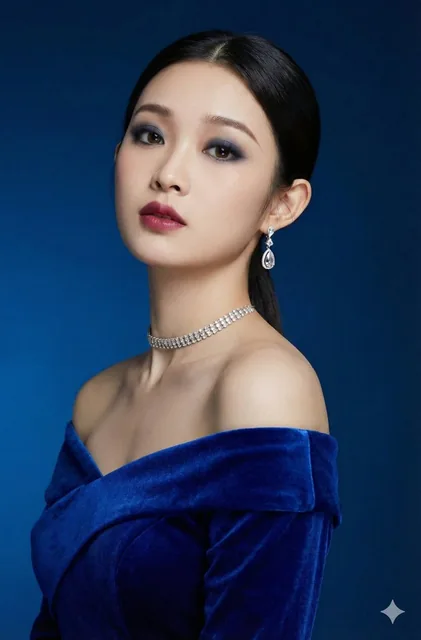 An ultra-realistic high-fashion portrait of a model in a royal blue velvet gown with an off-shoulder neckline, posing with one shoulder forward, head tilted down, and eyes gazing upward, set against a deep blue gradient background with dramatic lighting.