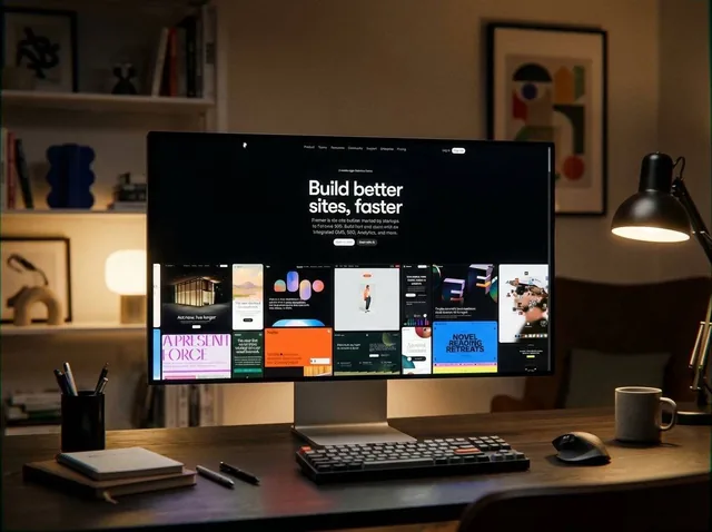 A close-up shot of an Apple Pro Display screen showing a website screenshot, set in a modern interior with dark walls, soft lighting, and a lived-in feel, captured with high-end film photography techniques including shallow depth of field and bokeh effects.