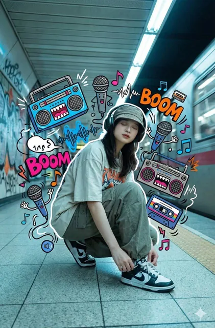 A photorealistic young street dancer in a subway station, crouching to adjust his sneakers while surrounded by vibrant 2D graffiti art featuring boom boxes, microphones, dancing notes, and cassette tapes with sound waves and bright colors.
