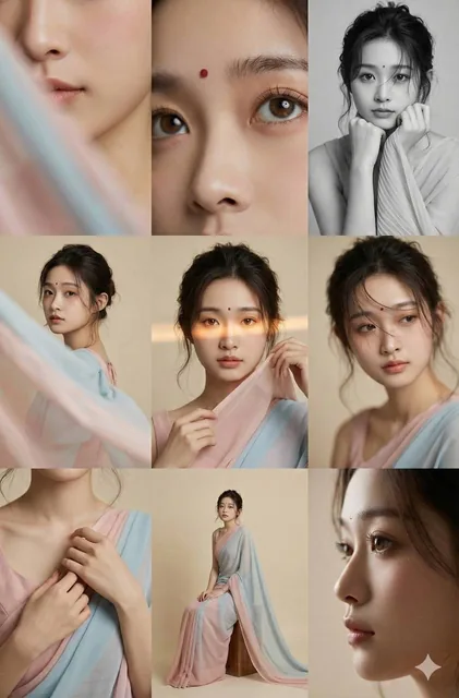 A 3x3 photo grid in a warm ivory studio featuring a character with face characteristics identical to the uploaded image, wearing a pastel chiffon saree draped over one shoulder, with various close-up shots including eyes, hands, and profiles under diffused lighting, captured in RAW with muted tones