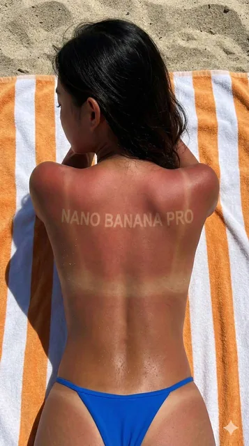 Top-down view of a fit young woman with deep bronze skin, lying face down on a beach towel with orange and white stripes. A sharp tanline from sunscreen reads 'NANO BANANA PRO' acr